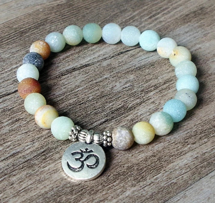 Handmade matte amazonite stone strand bracelet with OM and lotus charms
