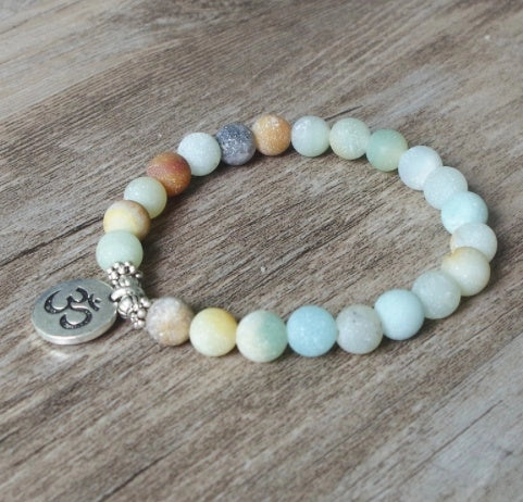 Handmade matte amazonite stone strand bracelet with OM and lotus charms