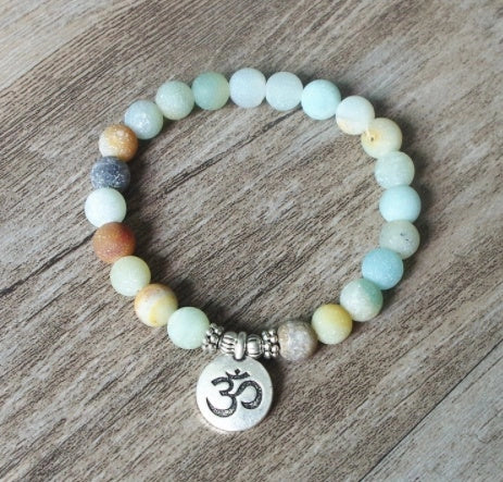 Handmade matte amazonite stone strand bracelet with OM and lotus charms