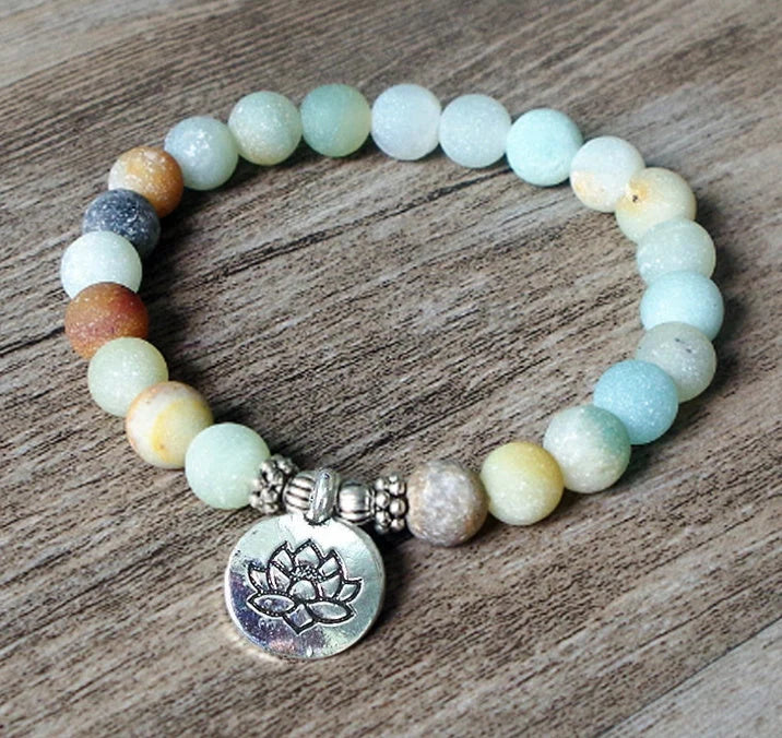 Handmade matte amazonite stone strand bracelet with OM and lotus charms