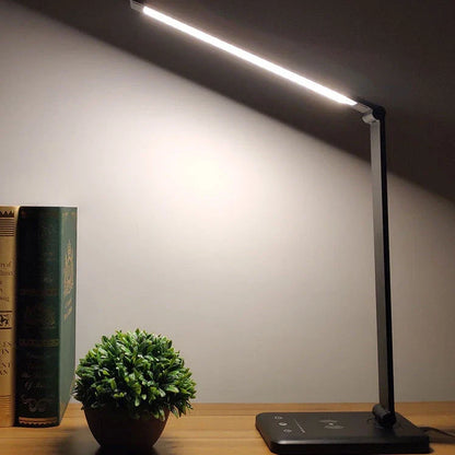 Wireless charging LED desk lamp with adjustable lighting and auto timer function