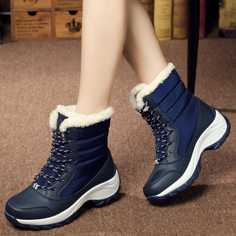 Women's velvet high-top snow boots with wedge heel and artificial hair lining in winter setting