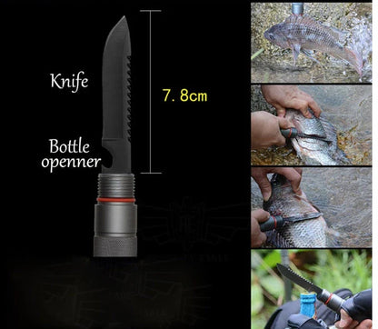 Rugged outdoor multi-tool with telescopic design, various integrated tools, and grey finish for durable and versatile hiking and survival companion