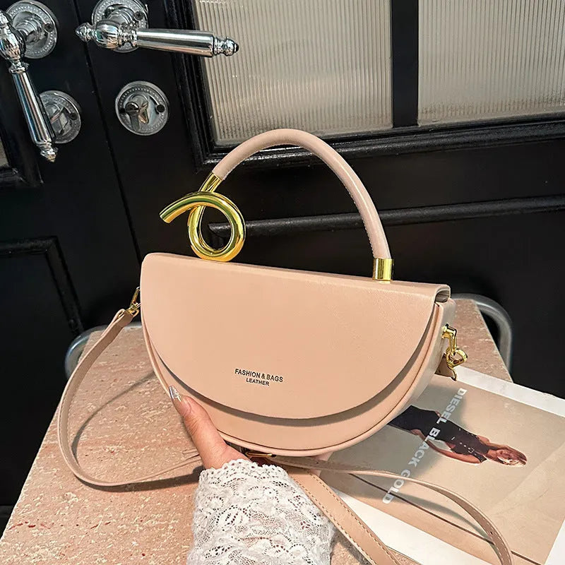 Solid colour PU oval saddle bag with zipper interior in khaki