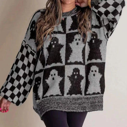 Halloween-themed pumpkin ghost knitted sweater for women in various colours