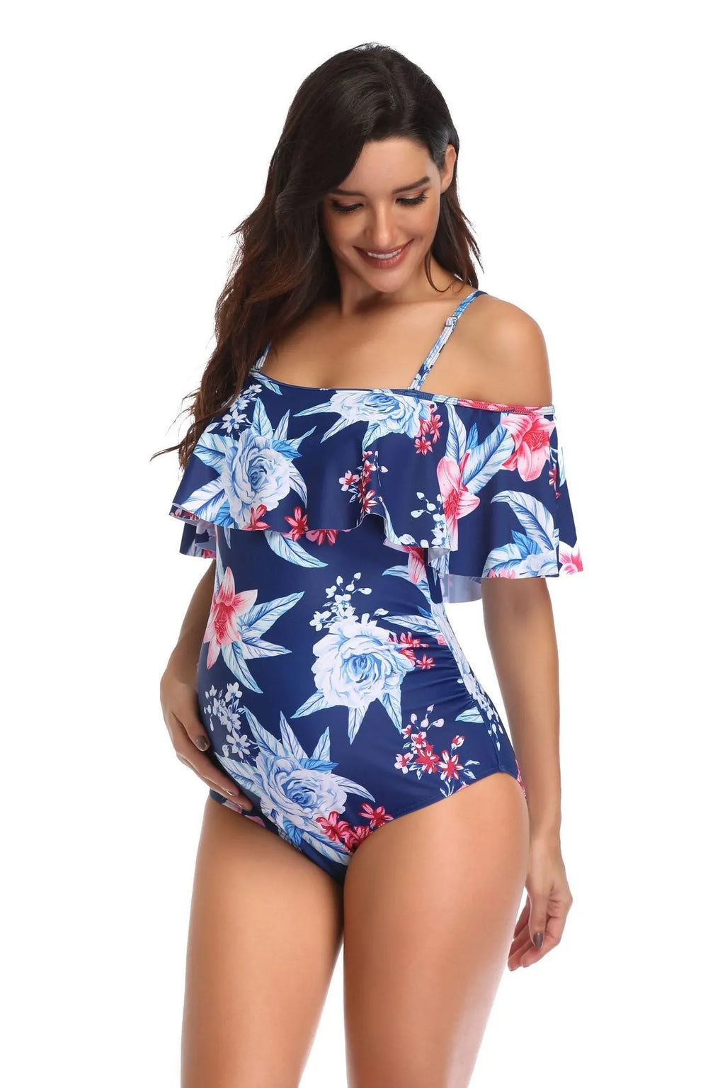 Blue printed polyester maternity swimsuit for pregnancy, available in sizes S to 4XL