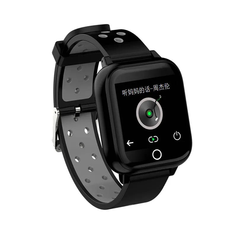 Black smartwatch with integrated Bluetooth earbuds showing heart rate monitoring on 1.4-inch display