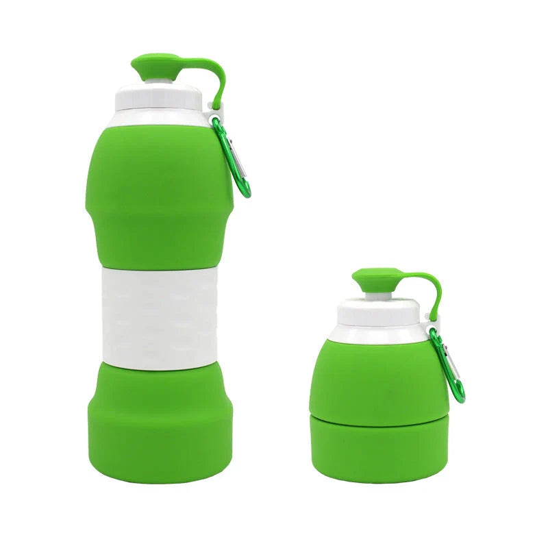 Collapsible silicone water bottle in various colours, showing folded and unfolded states