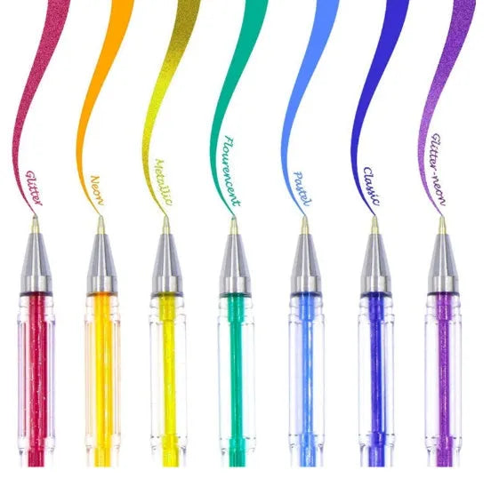 Pack of colour gel pens with a 2.2mm ink reservoir, showing 25 or 50 piece bulk options