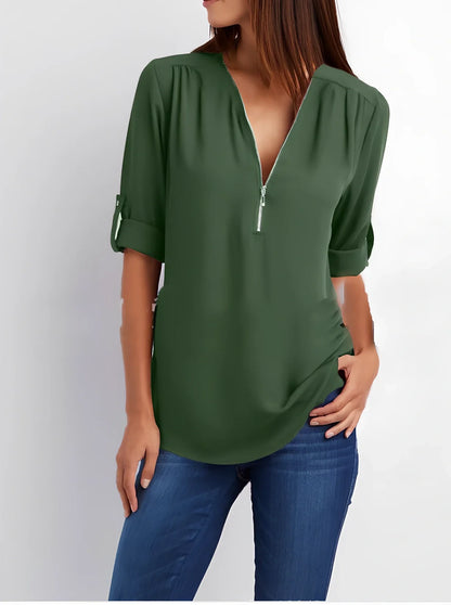 Women's pink zip V-neck short sleeve loose shirt, bust 96cm size S, Dacron fabric in multiple colours