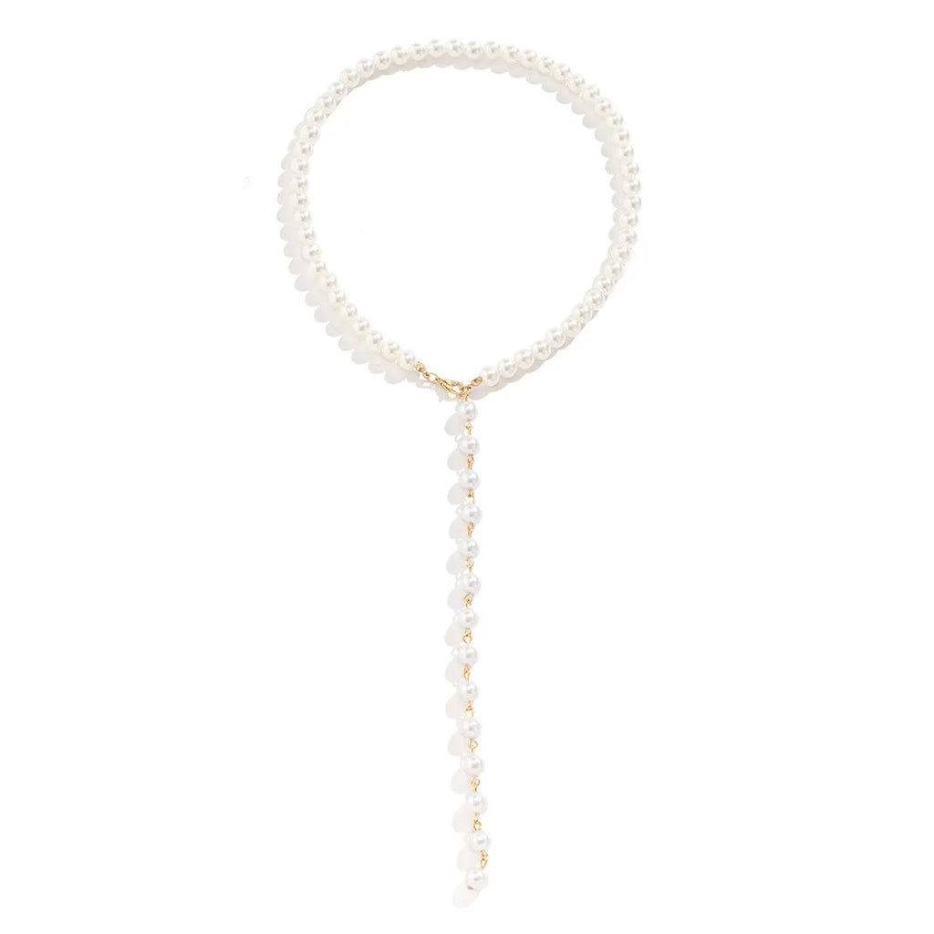 Round beads imitation pearl necklace on display showing gold colour metal chain