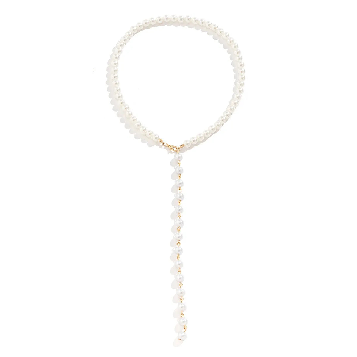 Round beads imitation pearl necklace on display showing gold colour metal chain