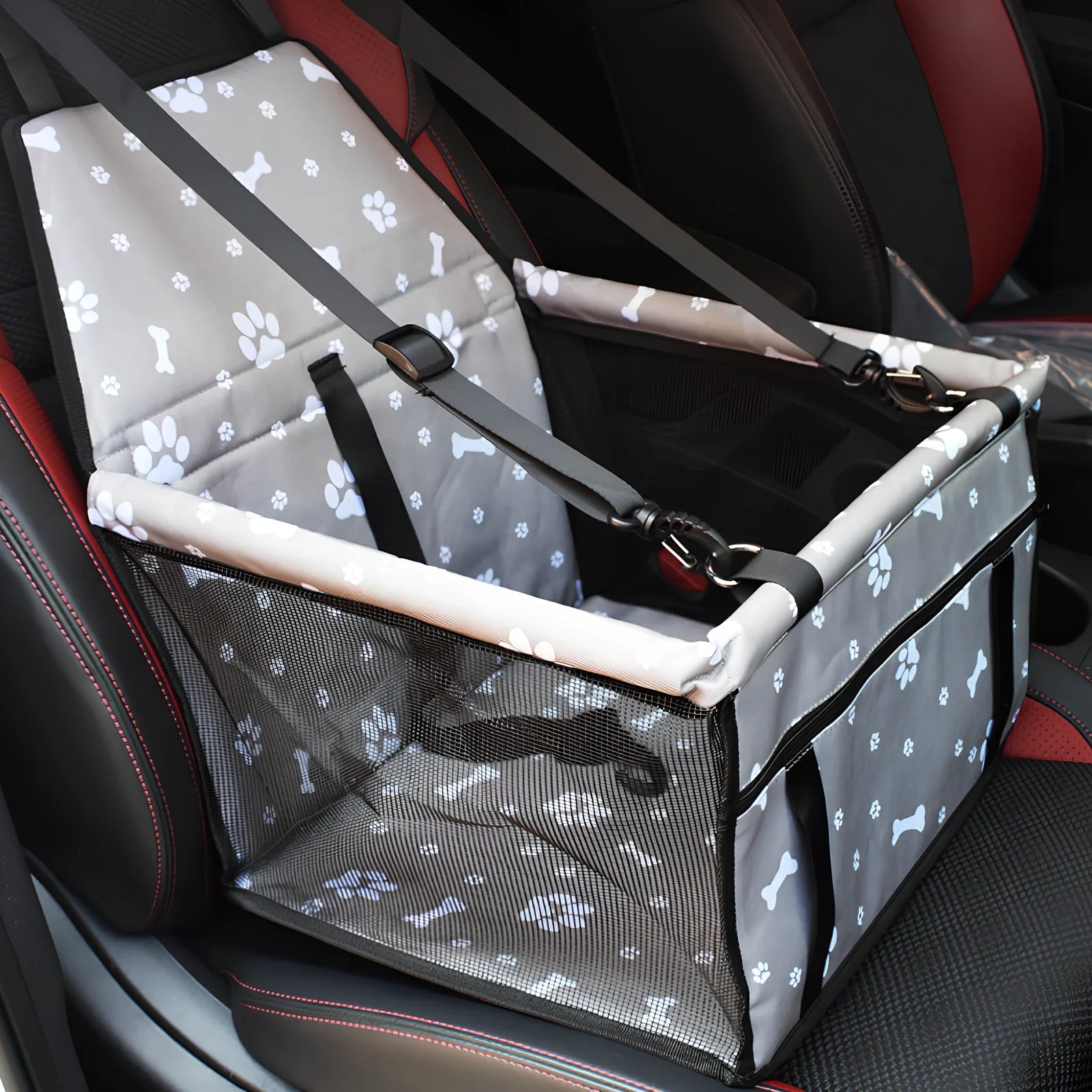 Waterproof pet car mat with headrest straps installed in vehicle, showing storage compartment and dimensions 400x300mm