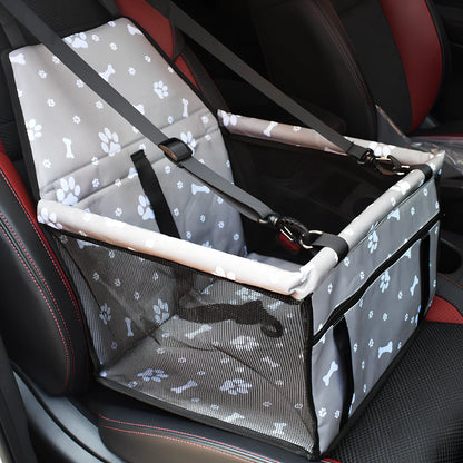 Waterproof pet car mat with headrest straps installed in vehicle, showing storage compartment and dimensions 400x300mm