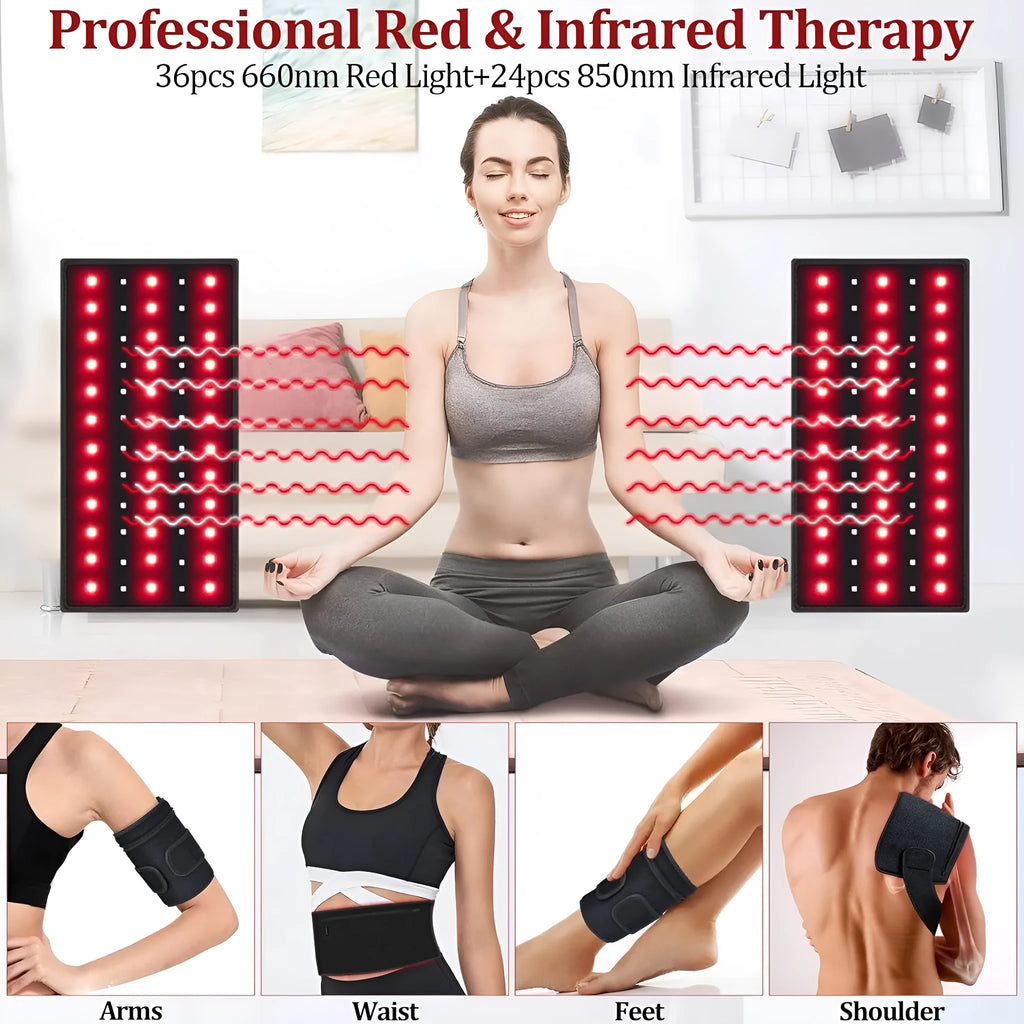 Arm massage belt with red light infrared therapy pad on arm, 32×17cm black diving fabric, controller and straps visible