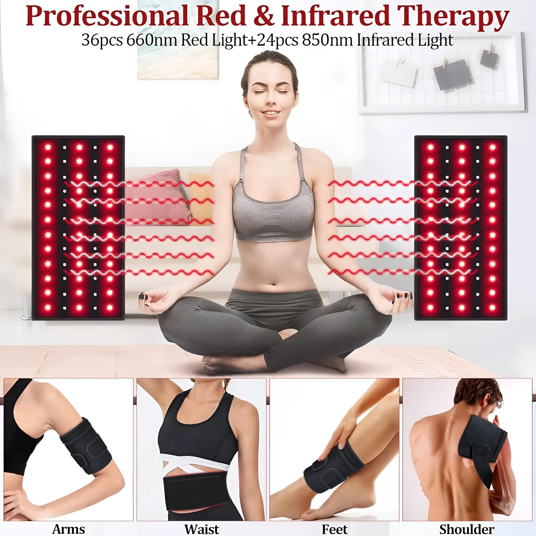 Arm massage belt with red light infrared therapy pad on arm, 32×17cm black diving fabric, controller and straps visible