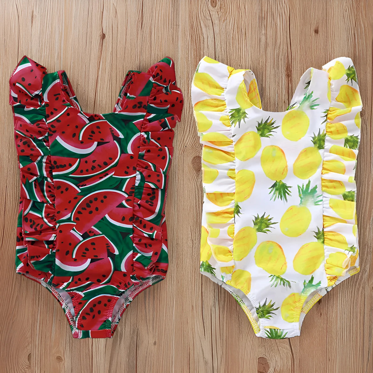 Printed sleeve one-piece polyester swimsuit for baby girls, red or yellow, sizes 80-120cm