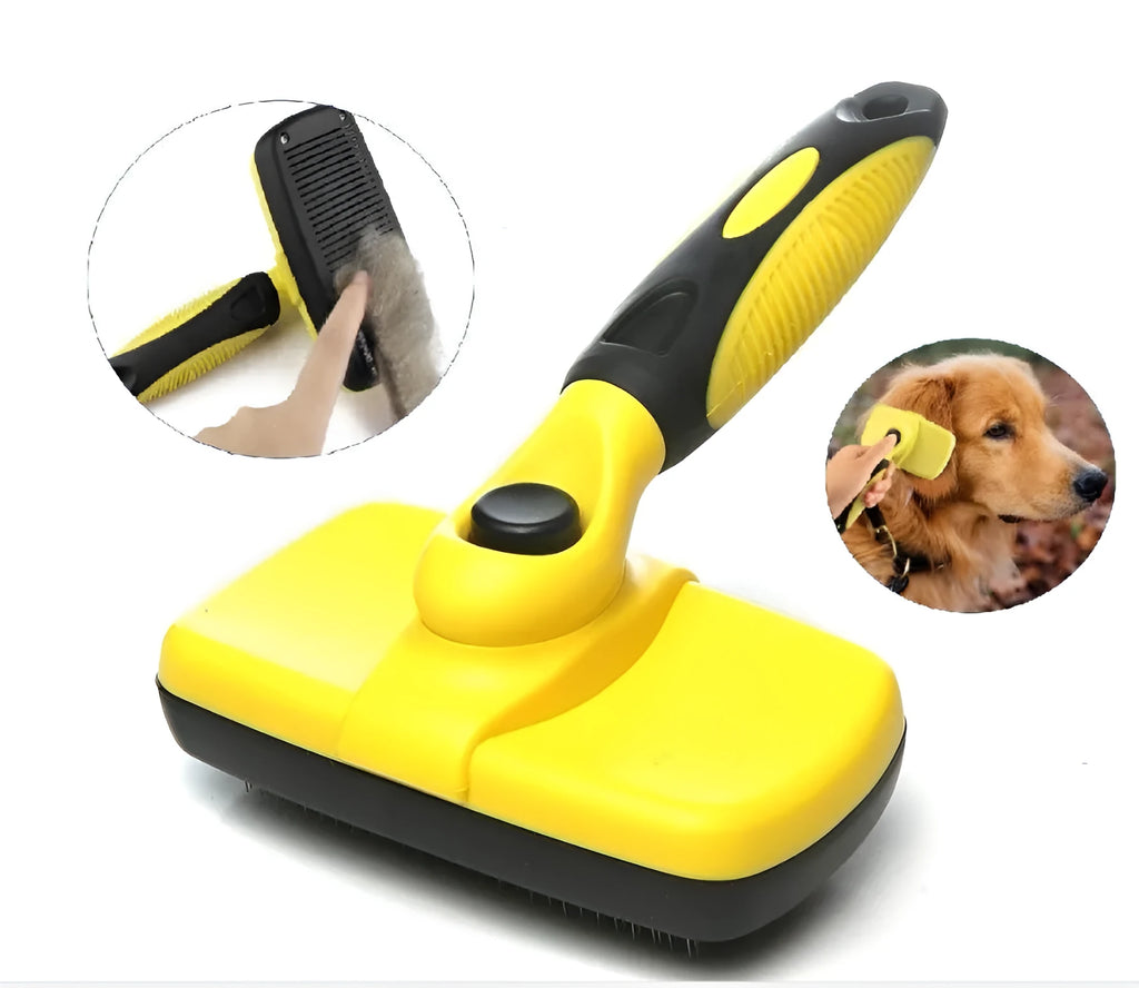 Pet self-cleaning slicker brush with stainless steel needles, green handle, comb surface 12.6 x 7cm, for dogs and cats