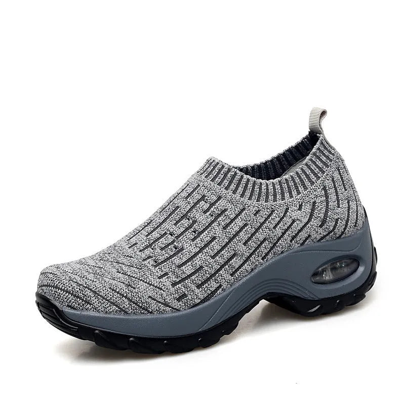 Women's air cushion walking shoes with breathable mesh upper, available in black, purple, grey, dark blue