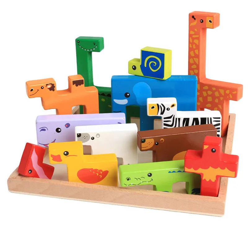 Beech wood 3D animal stack building blocks in colour box