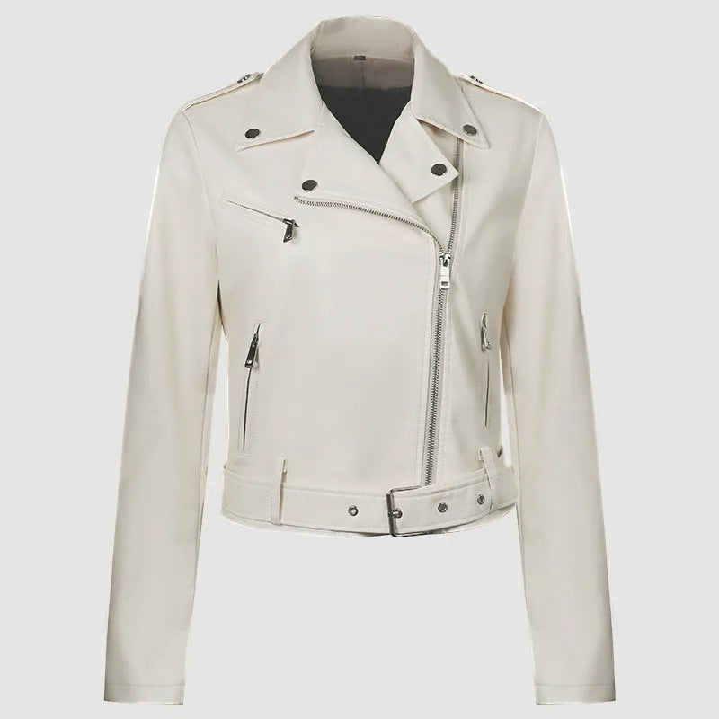 Women's red PU leather motorcycle jacket with lapel collar and waist belt on a model.