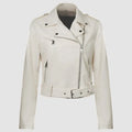Women's red PU leather motorcycle jacket with lapel collar and waist belt on a model.