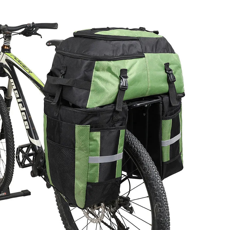 70L bicycle rear storage bag in blue green or red colours for long-distance cycling tours