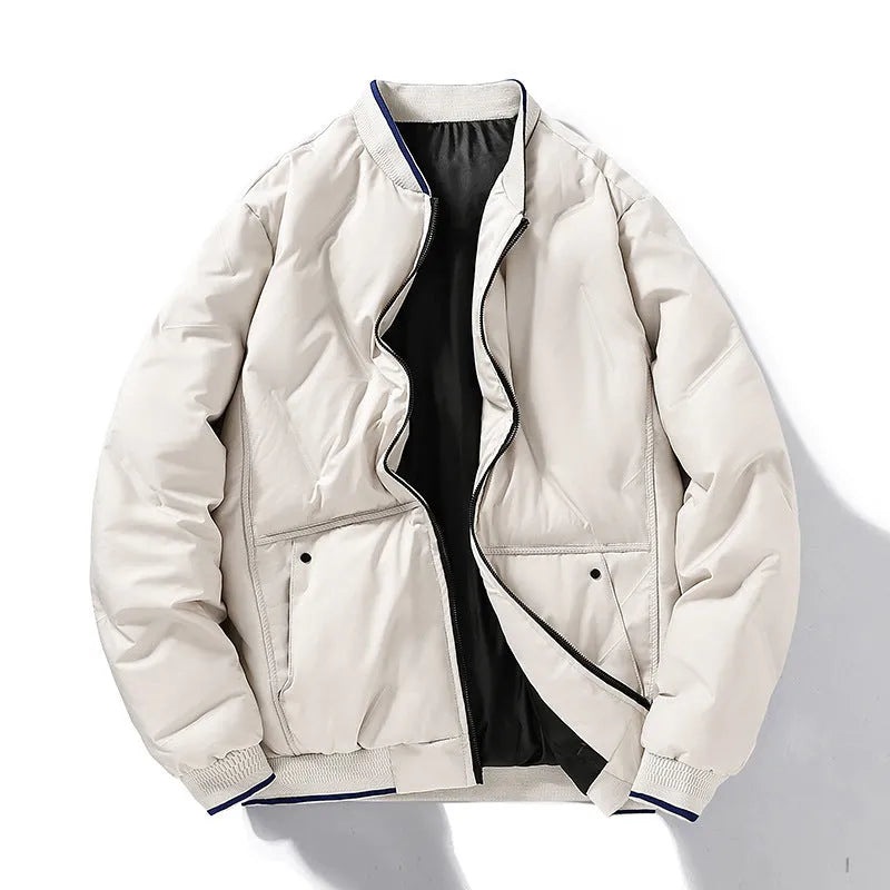 Loose thick cotton-padded coat with stand-up collar in neutral colours for winter warmth