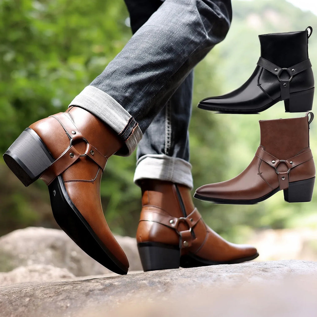 Black chain ankle boots with side zipper and horseshoe heels, square toe and rivet detailing