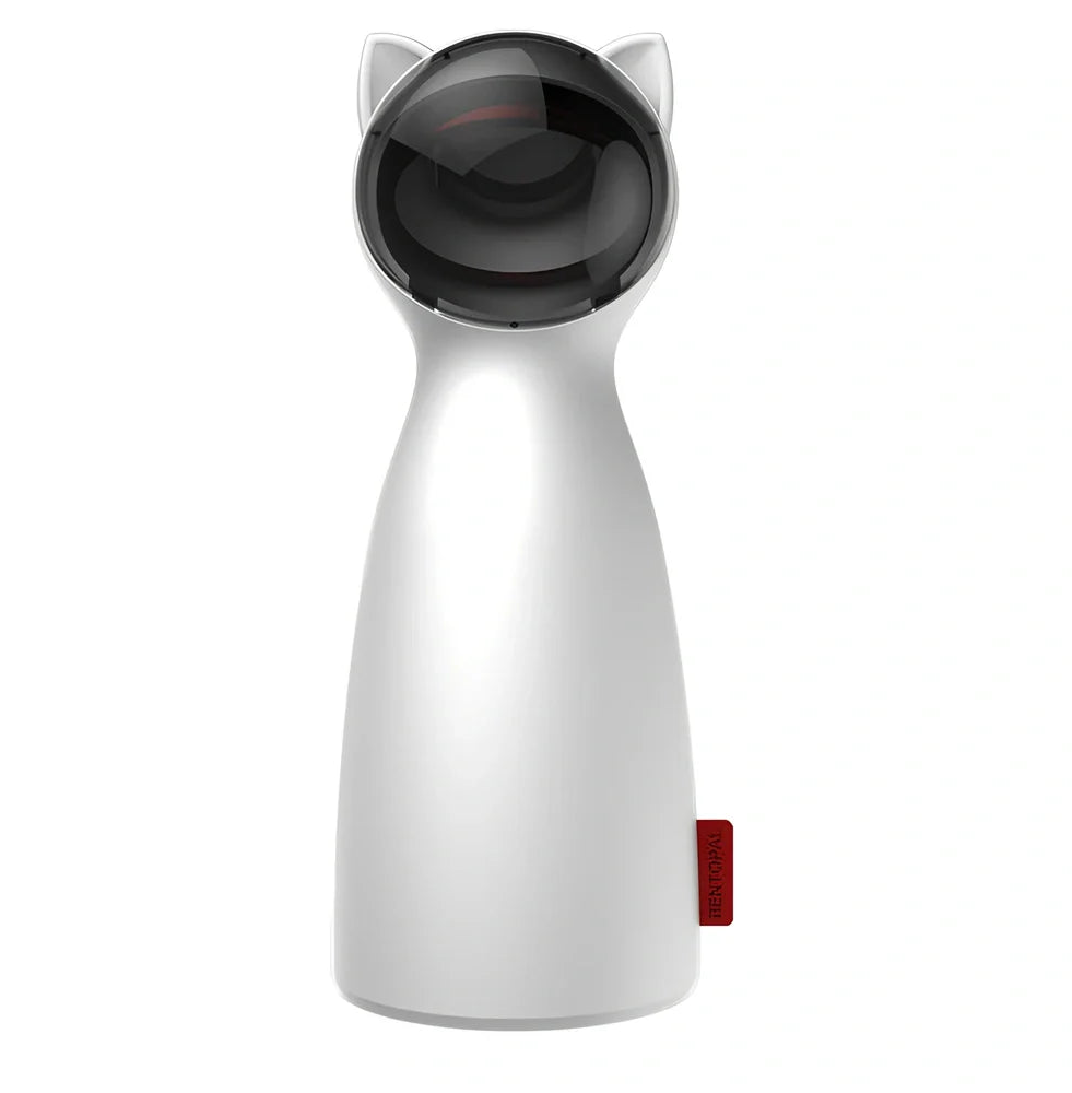 White automatic rotating laser cat toy, 80x80x180mm, with adjustable ranges for pet exercise