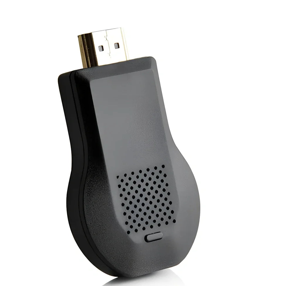 Compact 1080p wireless HDMI dongle in black, 6cm long with USB cable for TV streaming
