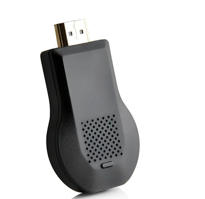Compact 1080p wireless HDMI dongle in black, 6cm long with USB cable for TV streaming