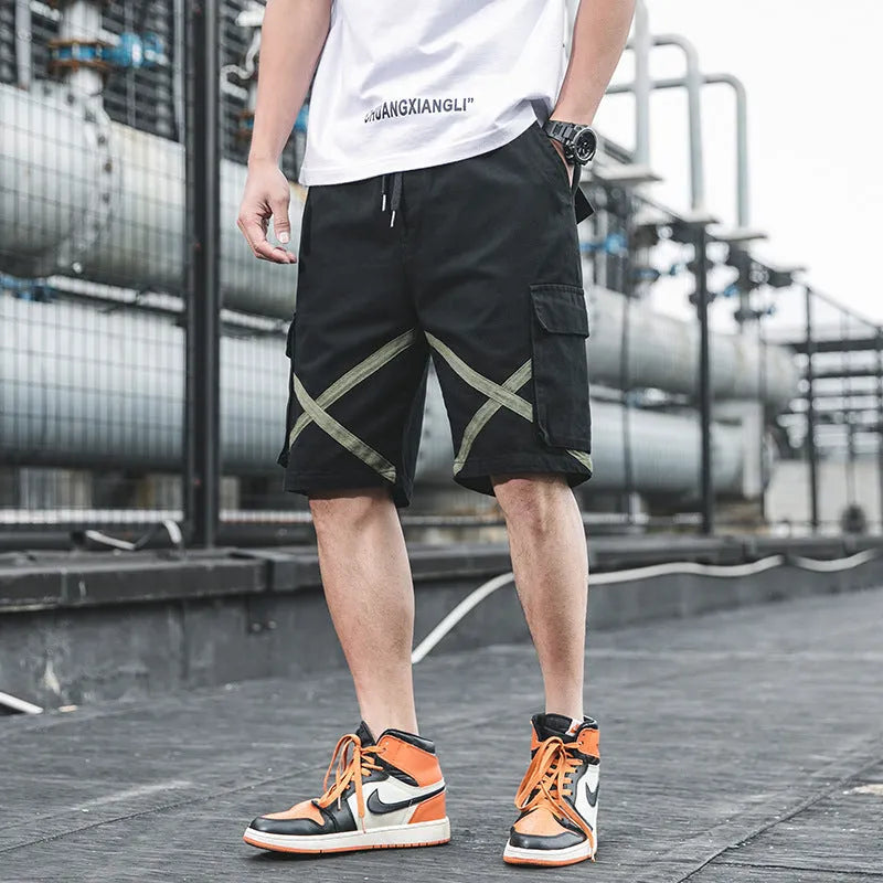 Summer cargo shorts with belt, straight leg, mid waist, black colour, front view