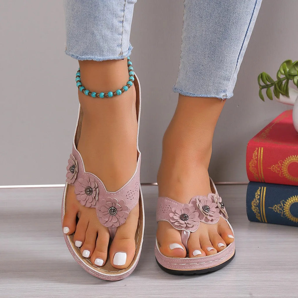 Women's three-flower platform flip-flop sandals with PU upper and rubber sole in multiple colours