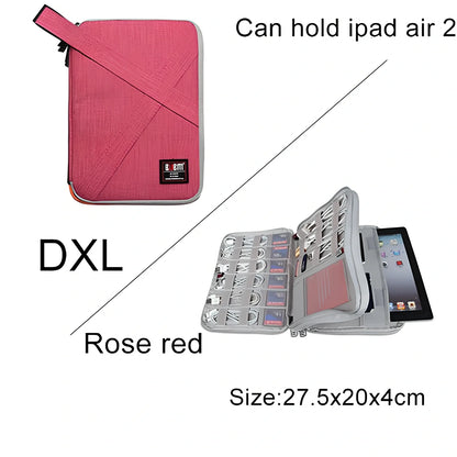 BUBM double-layer XL travel cable organizer in black, with compartments for USB, phone, charger, iPad cables, 25cm x 15cm x 10cm