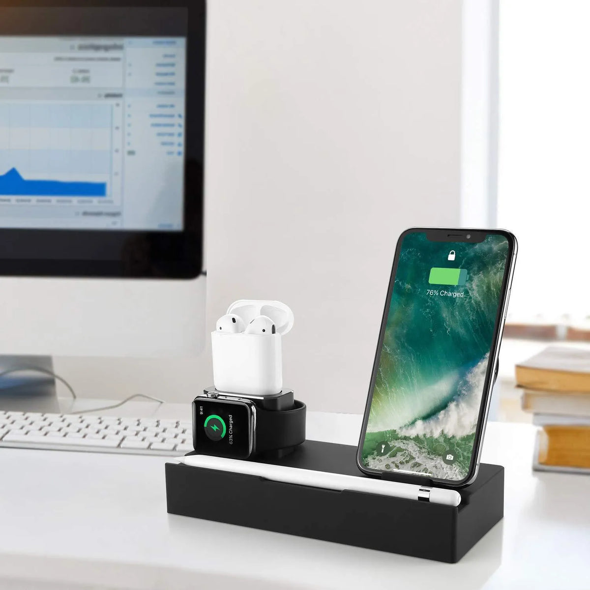 Eight in one wireless charging bracket black with 5 USB ports and wireless charging pad, ABS+PC fireproof material, compact size