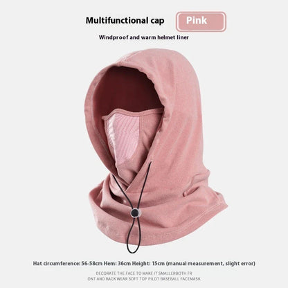 Versatile thermal fleece scarf in various colors, including black, dark gray, light gray, and pink, with adjustable drawstring and transformable design