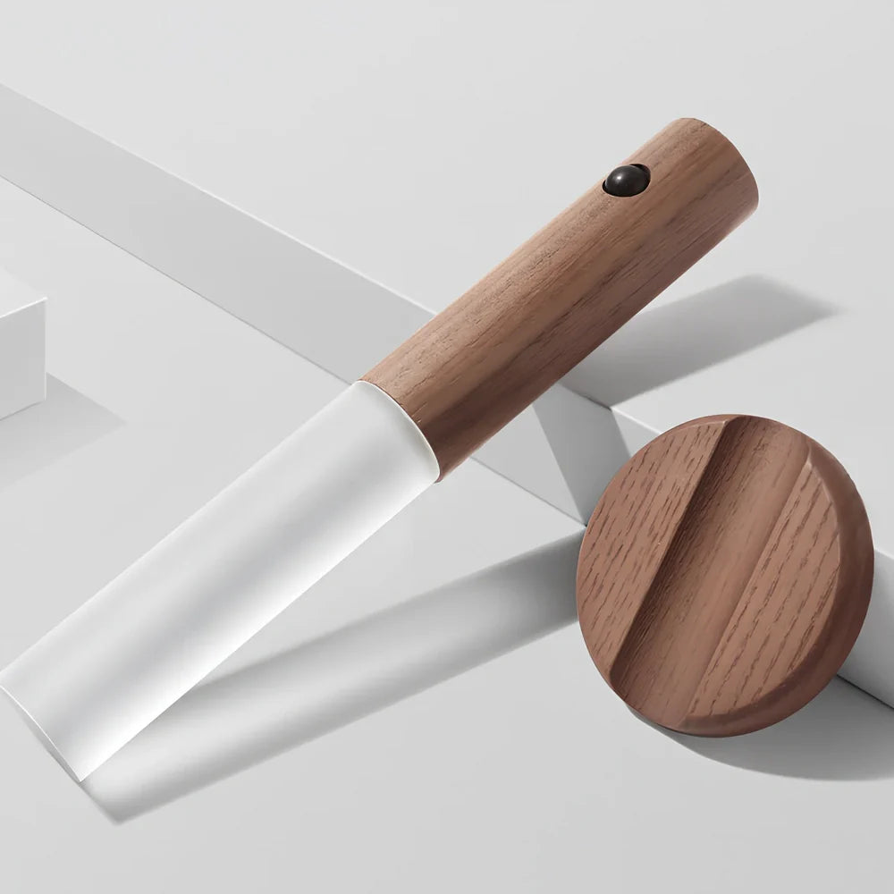 Smart Sensor LED Desk Lamp in coffee wood, 182mm tall with 500mAh battery and warm white 1W light