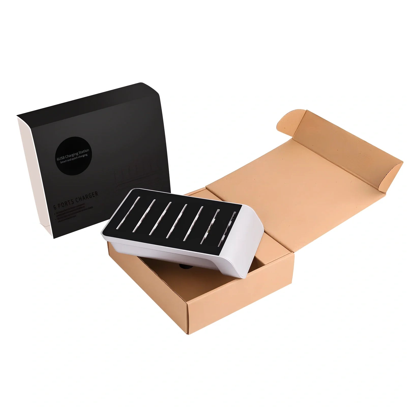 Six-port USB mobile phone charging stand with black finish showing six device slots and 150cm power cord