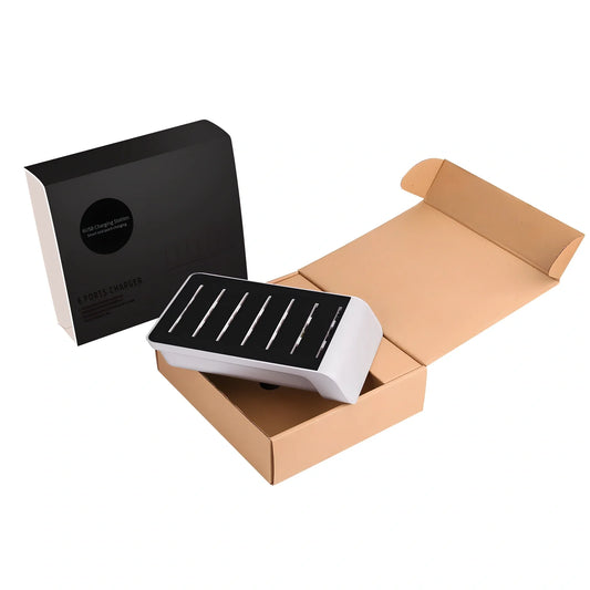 Six-port USB mobile phone charging stand with black finish showing six device slots and 150cm power cord