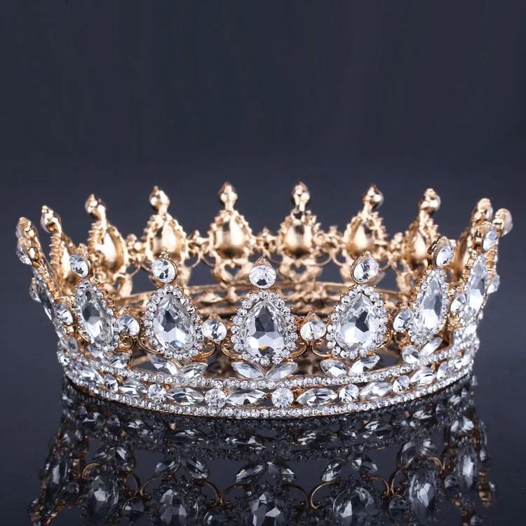 Baroque bridal crown headdress with rhinestones, alloy construction, 12.5cm diameter, gold finish
