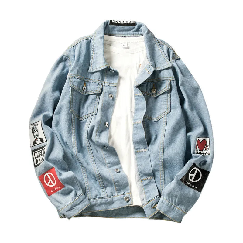 Men's blue denim jacket with lapel collar, single-breasted front, and side seam pockets on a model