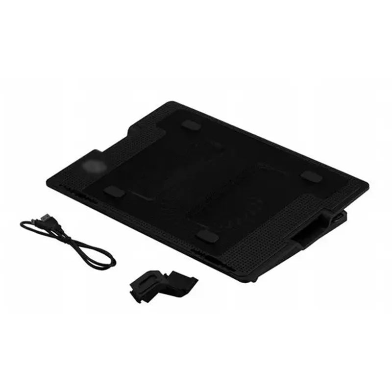 Black notebook cooler with 14cm LED fan, metal mesh surface, two adjustable props and dual USB ports