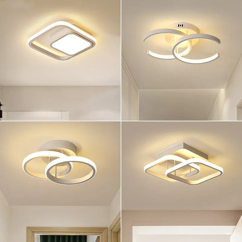 Commercial LED corridor lighting in black double semicircle, white double circle, and white bipartite designs