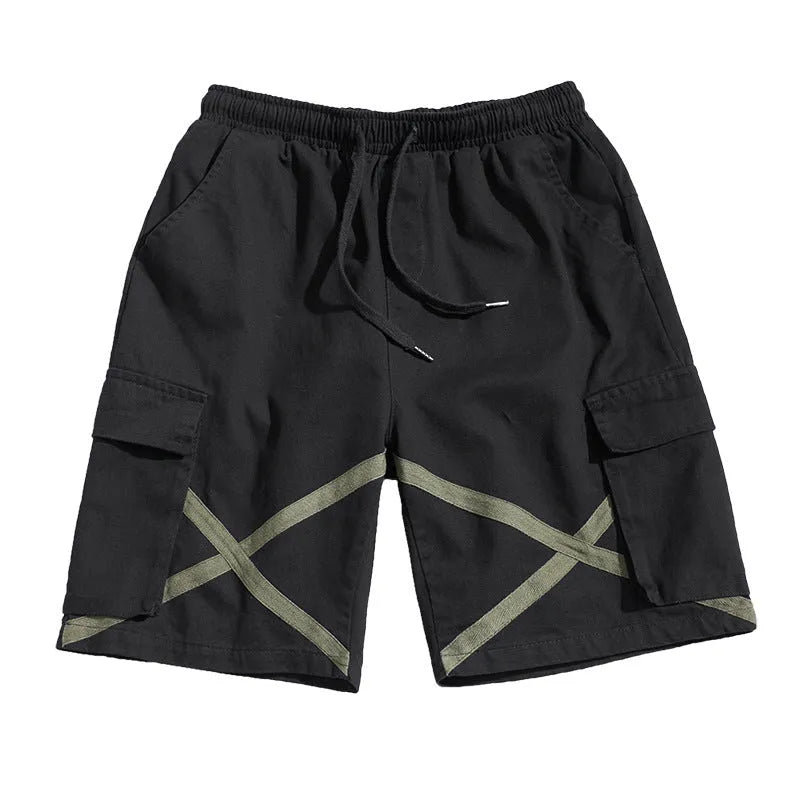 Summer cargo shorts with belt, straight leg, mid waist, black colour, front view