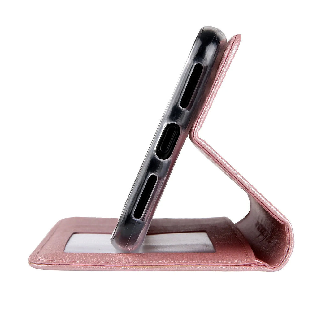 PU leather flip phone case for iPhone with a card slot, shown in multiple colour options.