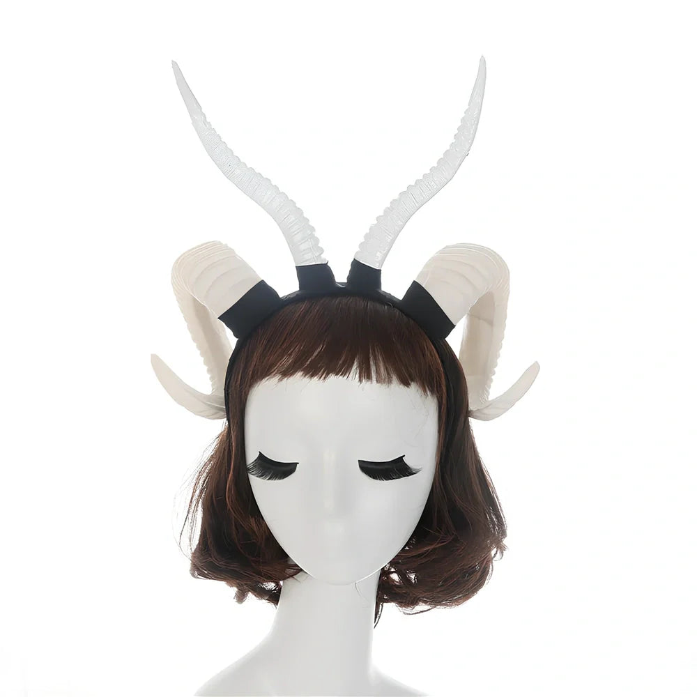 U-shaped simulation sheep horn headdress in black plastic-resin with plaid pattern, 15cm height for festivals