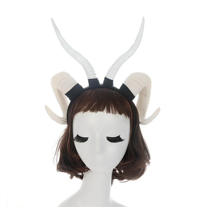 U-shaped simulation sheep horn headdress in black plastic-resin with plaid pattern, 15cm height for festivals