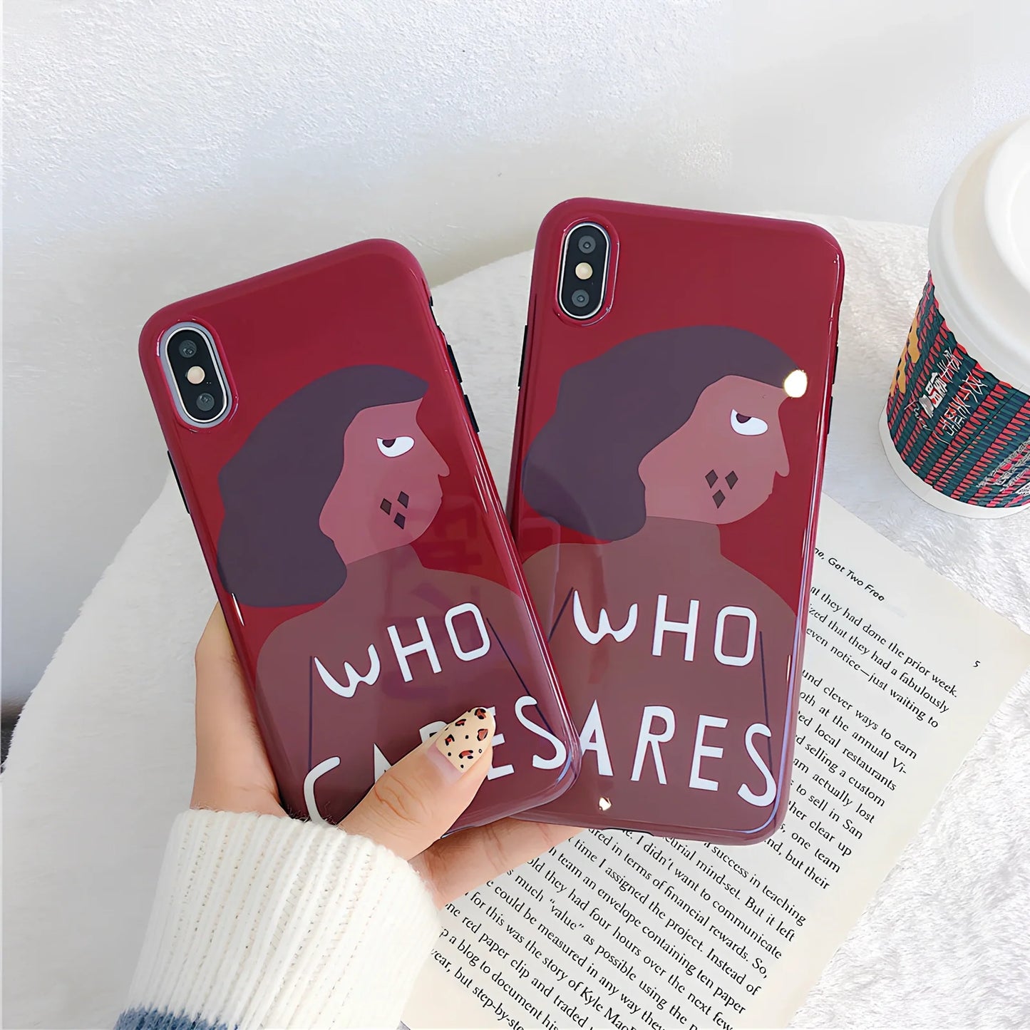 Wine red silicone iPhone case with Japanese-Korean brown girl illustration design and protective edges