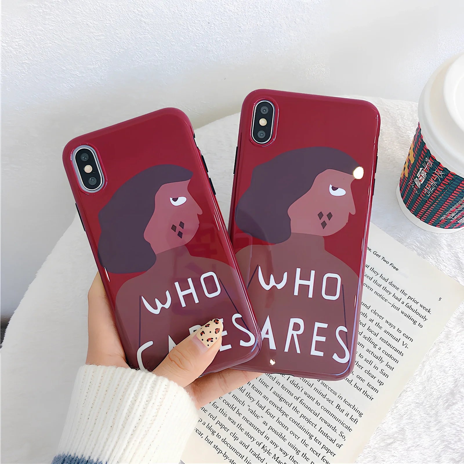 Wine red silicone iPhone case with Japanese-Korean brown girl illustration design and protective edges